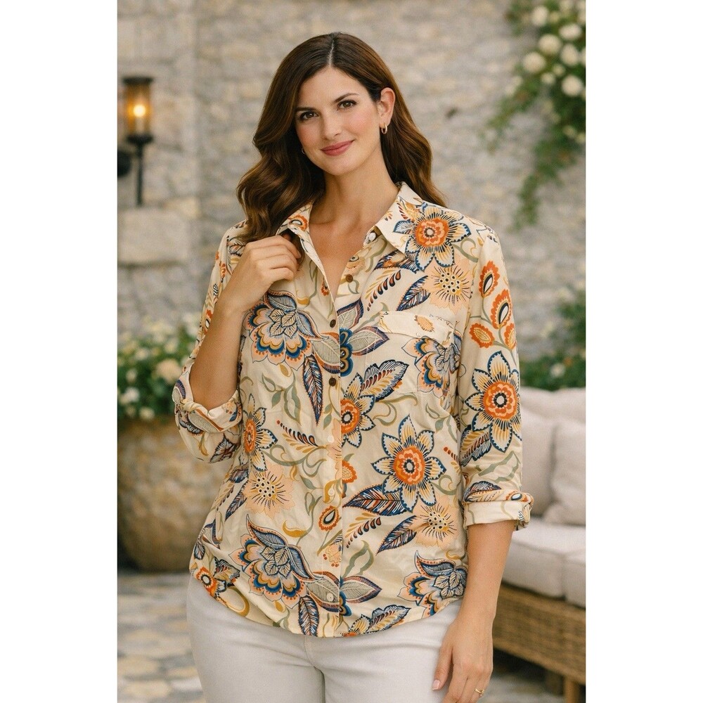 CHICO'S Women’s Colorful Button-Up Blouse No-Iron Playful Print Sz Large